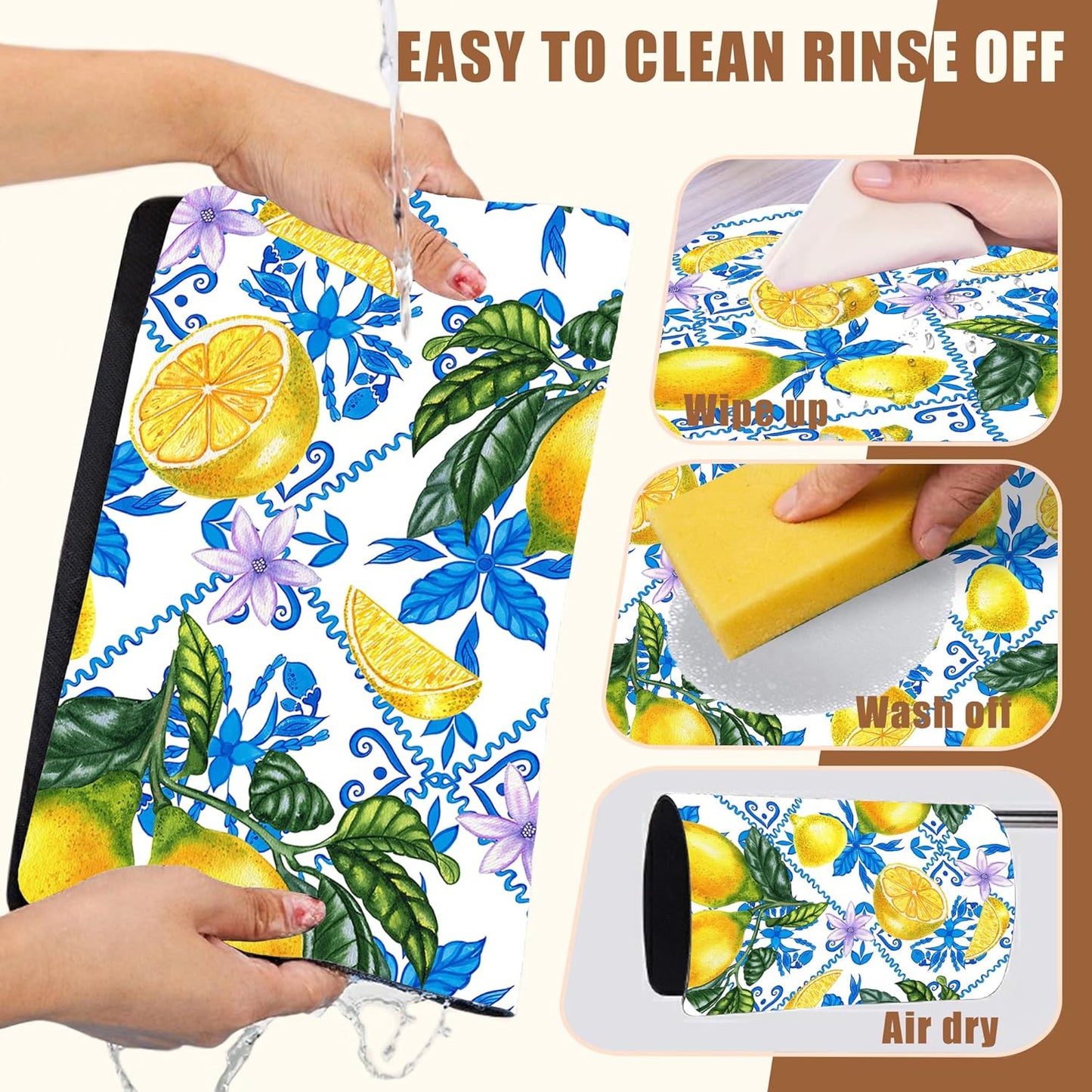 Lemon Fruit and Purple Flower Coffee Mat Absorbent Dish Drying Mat for Kitchen Counter Hide Stain Rubber Backed Coffee Bar Accessories Fit Under Espresso Machine Dish Drainer, 15.7 x 23.6 Inch