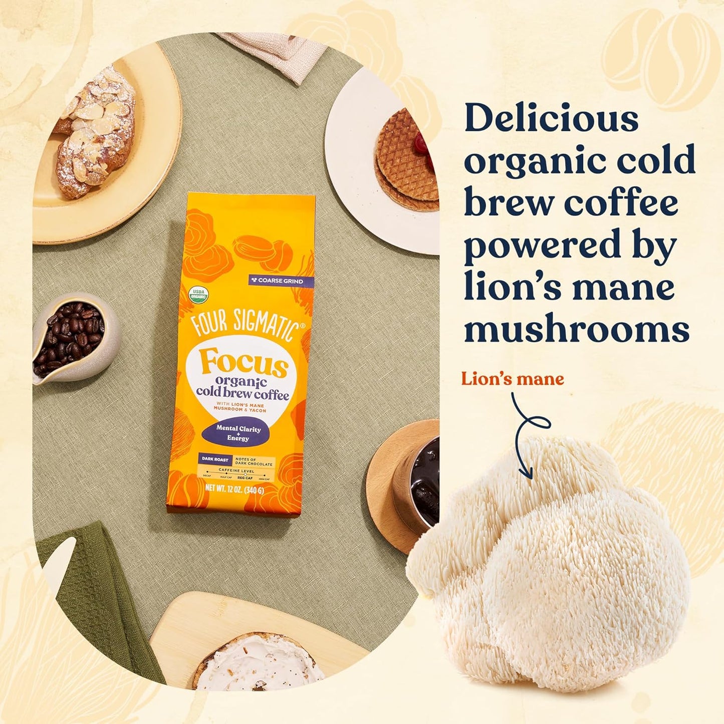 Four Sigmatic Organic Cold Brew Coffee Grounds | Dark Roast, Coarse Grounds with Lion's Mane and Chaga | Cold Brew Mushroom Coffee for Crash-Free Focus | 12 oz Bag