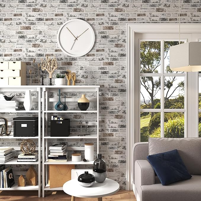 Brick Wallpaper Peel and Stick Wallpaper 17.3"x393" Grey and White 3D Brick - Image 4