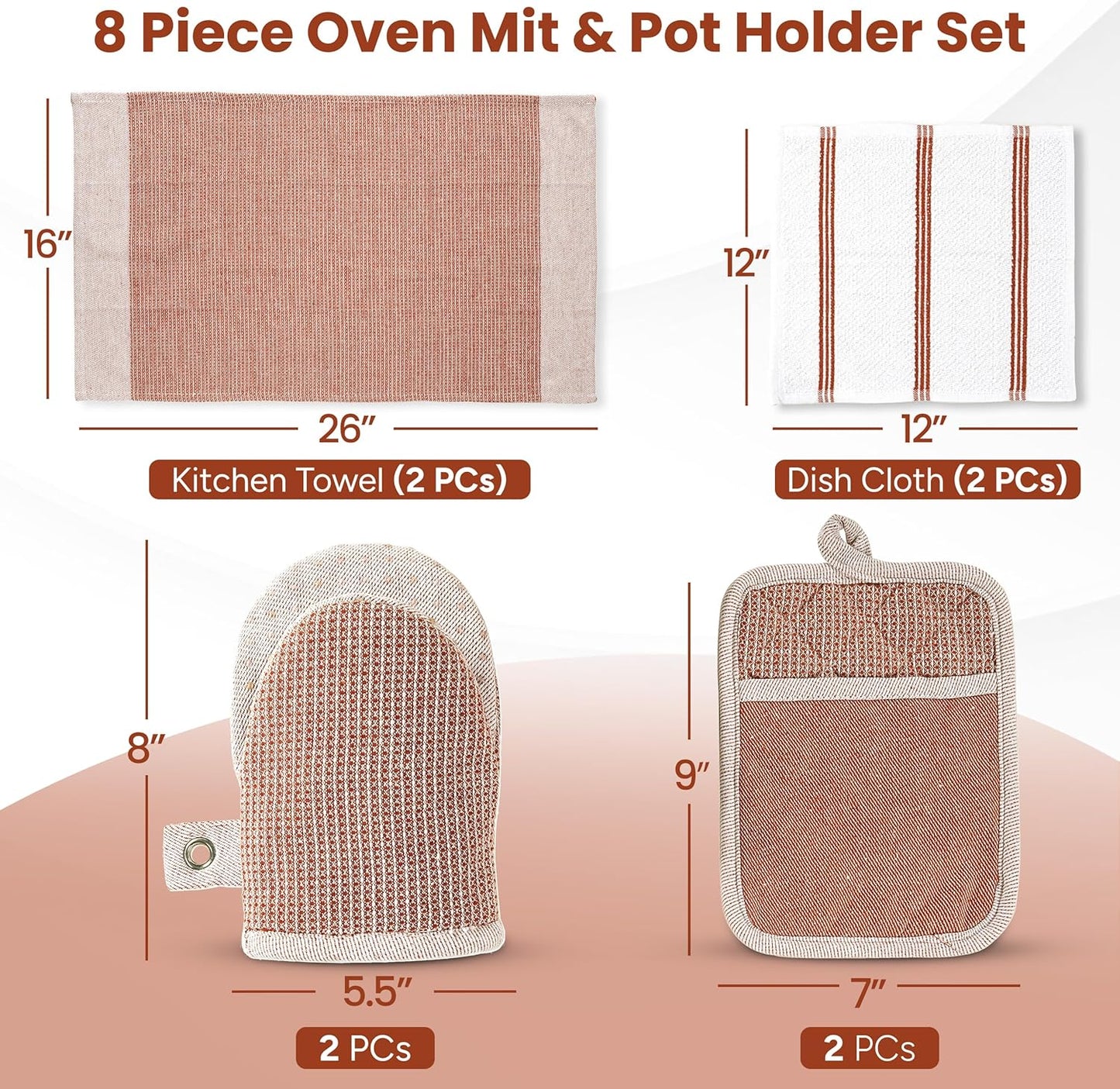 Casa Platino Potholders for Kitchens, 8-Piece – 500°F Heat Resistant Oven Mitts and Pot Holders, Mini Oven Mitts with Silicone Grip, 2 Kitchen Towels & 2 Dish Cloths – Durable & Non-Slip – Canyon Rose