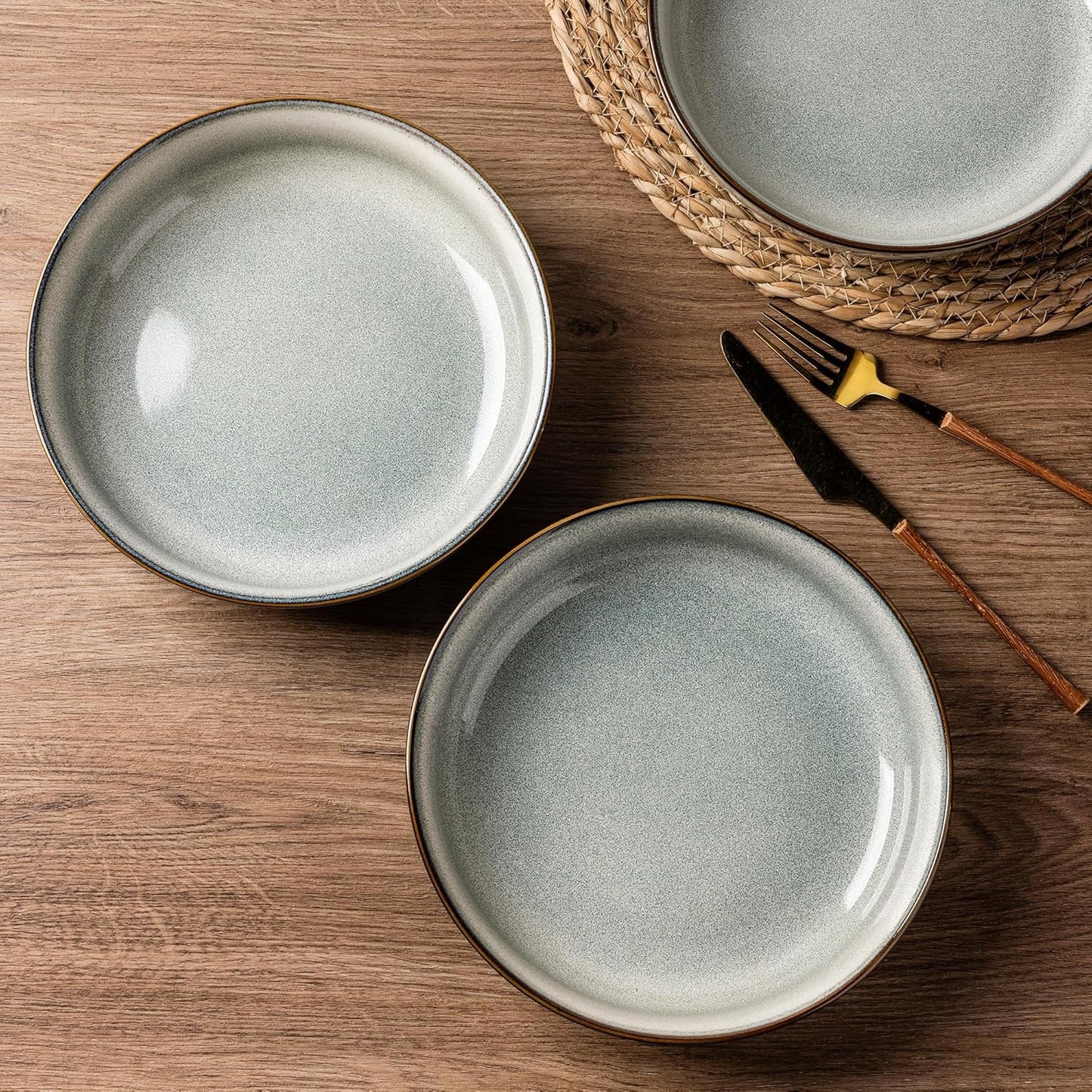 GBHOME 9'' Large Ceramic Pasta Bowls, 38oz Stoneware Pasta Serving Bowls Set of 4 for Kitchen, Wide Bowls for Fruit,Pasta,Salad,Oatmeal,Meal, Microwave Safe, Reactive Glaze-Green Wheat