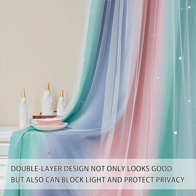 XiDi Pink Grey Curtains for Girls Bedroom, Unicorn Wall Decals Green Curtain - Image 2